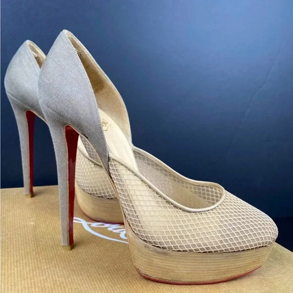 Christian Louboutin Aragna Nude Fishnet Heels Sz 38/7.5 with Sole Guard and Box - Picture 4 of 10
